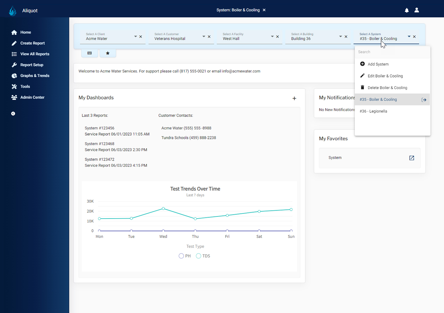 Aliquot 2023 Navigation System Dropdown Screenshot